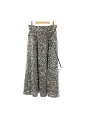 Dior Tweed Long Skirt Flared Wool with Belt Black Gray 38